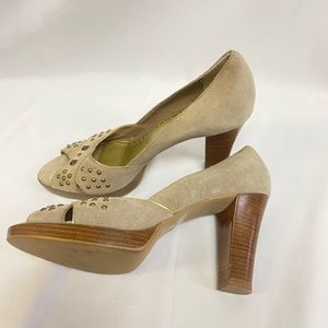 Franco Sarto Suede Open Toe Wooden Platform Pumps Sz 9 4” heel Preowned Carmel
